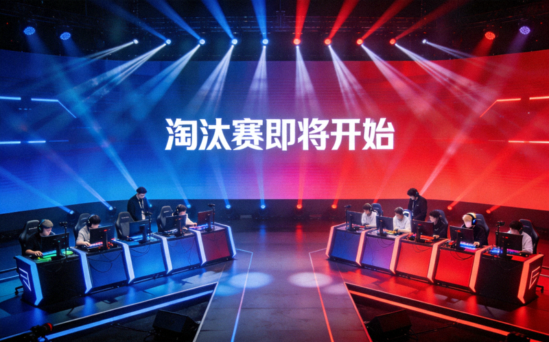 电竞舞台灯光与选手席全景，淘汰赛即将开始